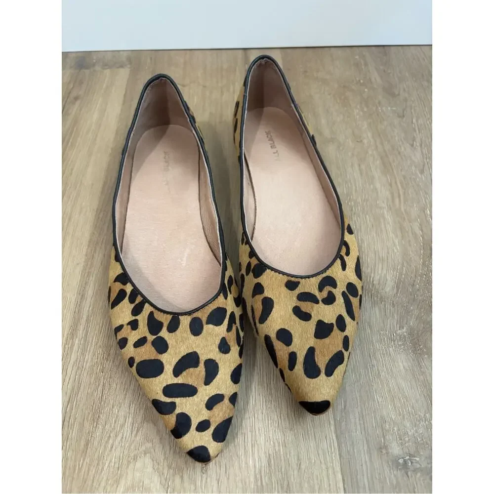 Leopard Print Pointed Toe Women's Flats Tan Black Leather Size 40 9